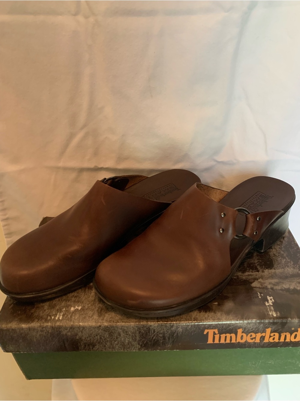 Timberland SMART Comfort Brown Leather Mule Clogs O-Ring Ring Buckle Wedge 7.5M
